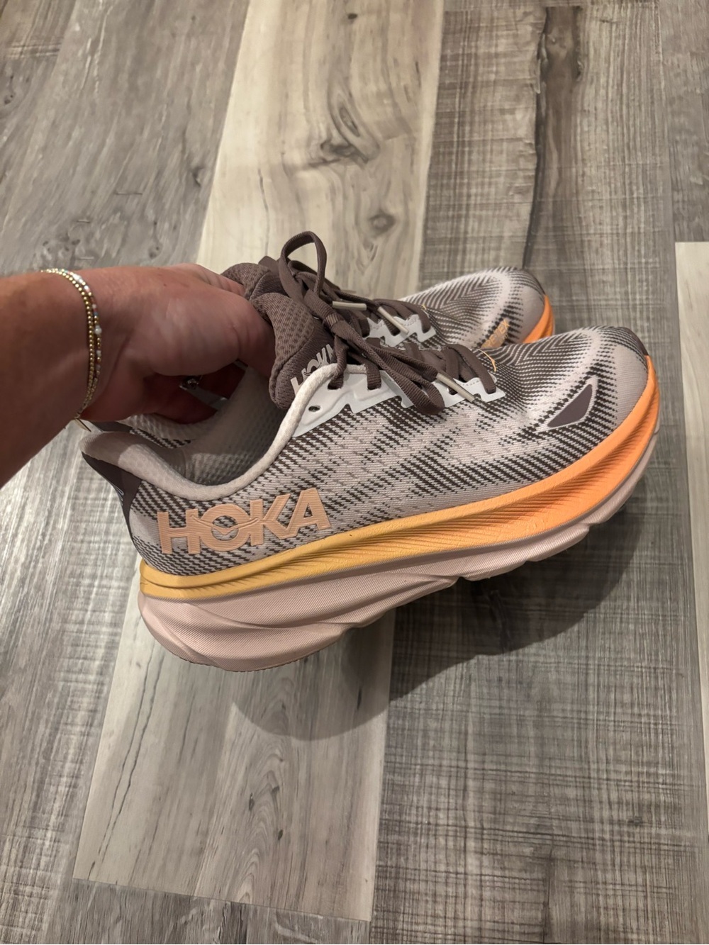 Hoka Women's Running Shoes - Taupe with Orange and Yellow Accents